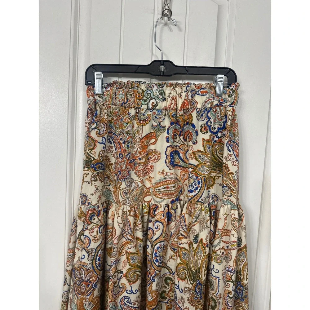 Paisley Tiered Maxi Skirt Womens Medium Boho Earthy Whimsy Elastic Waist Cream